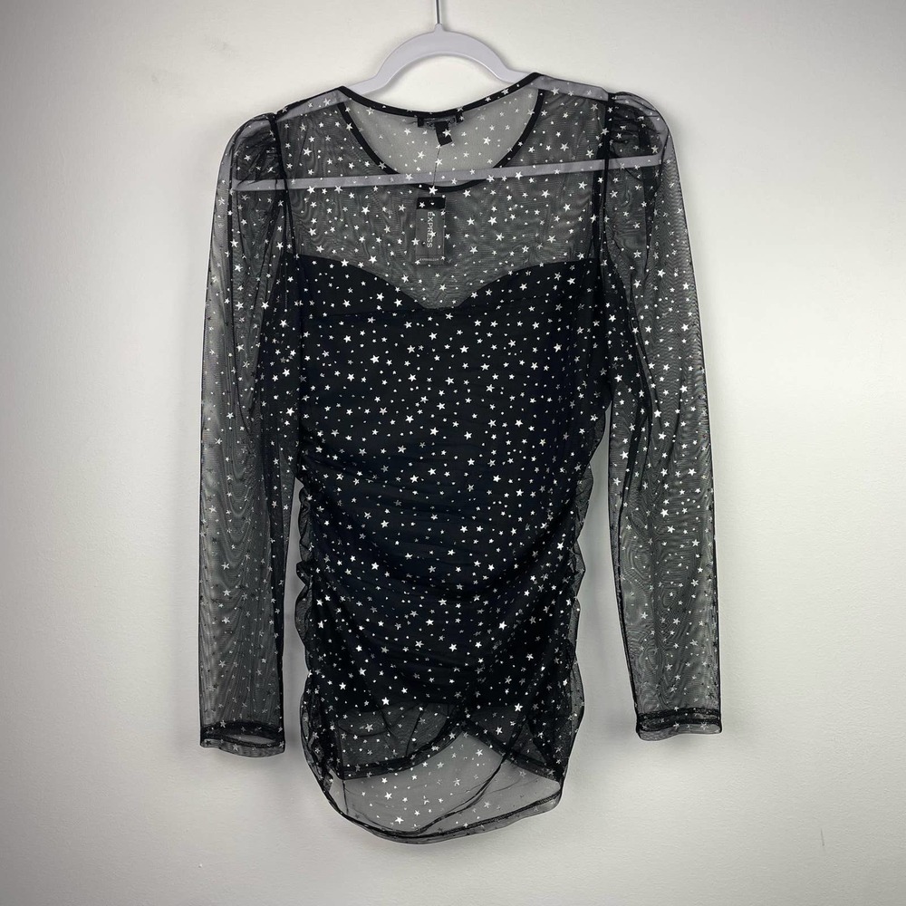 NEW Express Black Silver Metallic Stars Sheer Blouse Size Medium - Picture 2 of 6